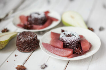 Chocolate cake with preserved winter pears