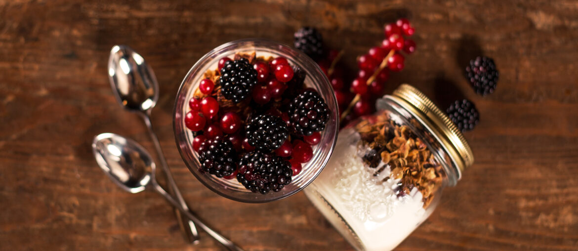 Homemade golden granola with yogurt