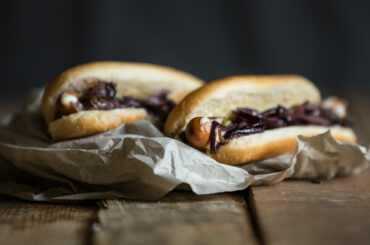 Hot dog with three toppings