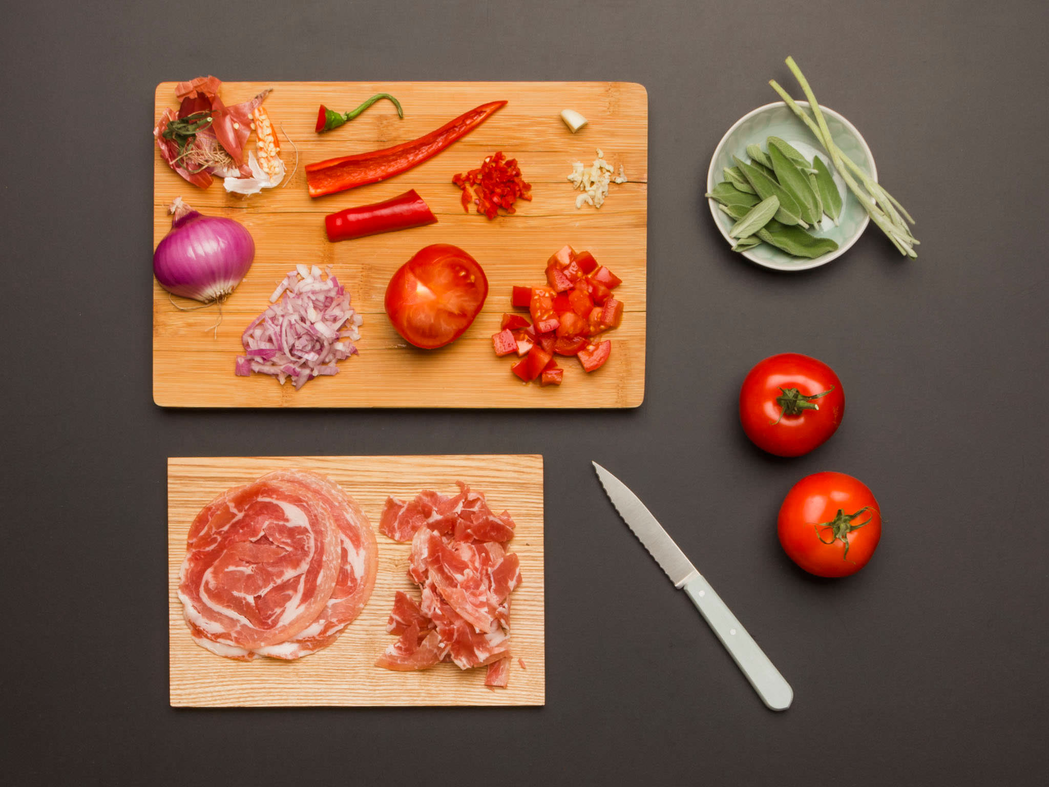 Spaghetti all'Amatriciana with crispy sage
