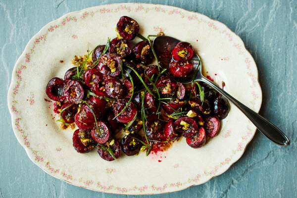 Black Cherry-Pistachio Salad With Charred Scallion Vinaigrette