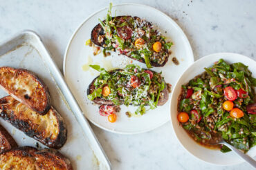 Tomato-Marinated Greens and Beans Toast
