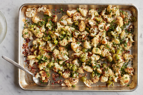 Roasted Cauliflower With Pancetta, Olives and Crisp Parmesan