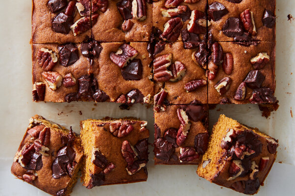 Pumpkin Blondies With Chocolate and Pecans