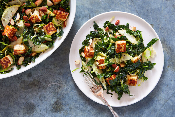 Kale and Brussels Sprouts Salad With Pear and Halloumi