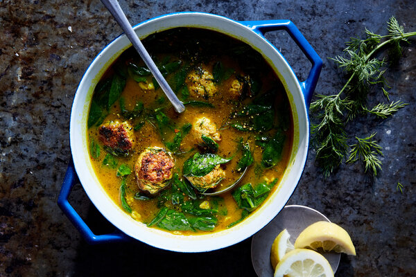 Lemony Chicken-Feta Meatball Soup With Spinach