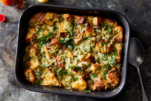 Savory Bread Pudding With Artichokes, Cheddar and Scallions