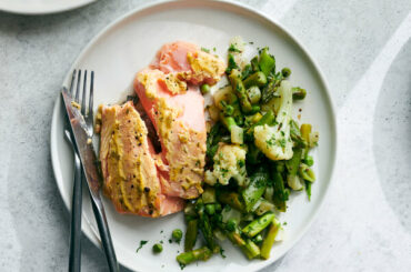 Mustard Salmon With Spring Vegetable Stew