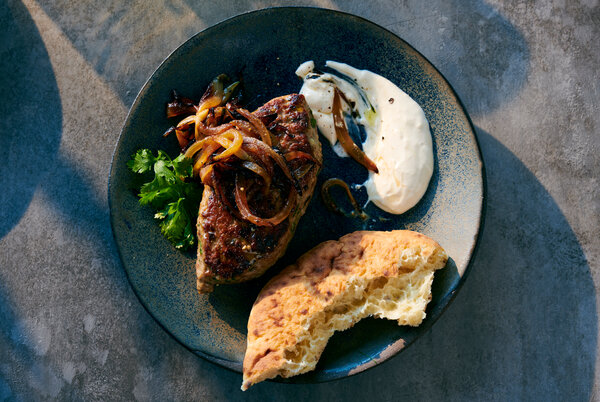 Lamb Burger With Fried Onions And Tahini-Yogurt Sauce