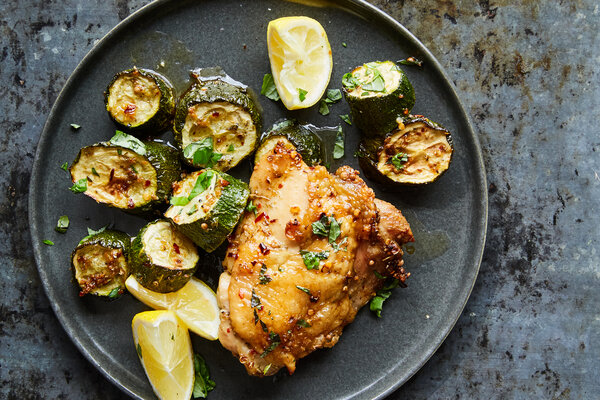 Sheet-Pan Chicken With Zucchini and Basil