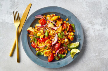 Halloumi With Corn, Cherry Tomatoes and Basil