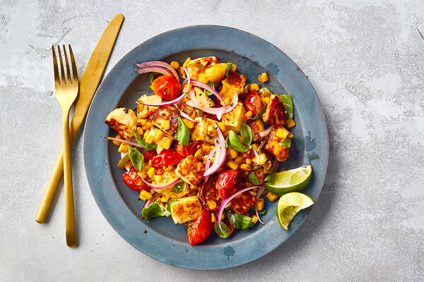 Halloumi With Corn, Cherry Tomatoes and Basil