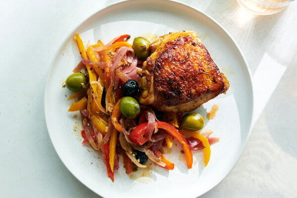 Crispy Chicken Thighs With Peppers, Capers and Olives