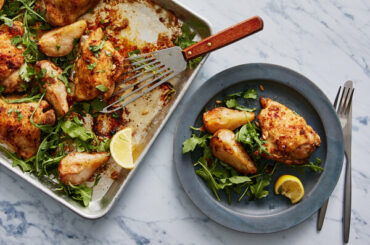 Sheet-Pan Roasted Chicken With Pears and Arugula