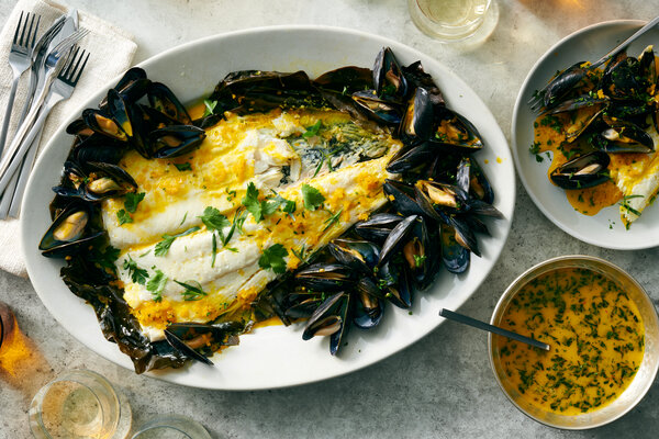 Roasted Halibut With Mussel Butter Sauce