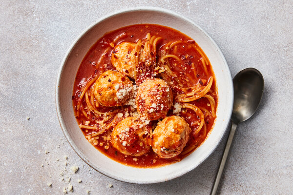 Spaghetti and Chicken Meatball Soup