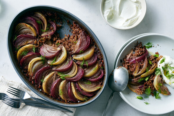 Pomegranate Baked Rice and Onions With Dill