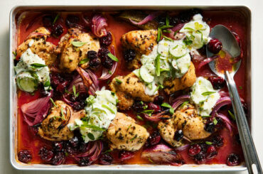 Chicken Thighs With Sour Cherries and Cucumber Yogurt