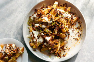 Oven Fries With Tahini Yogurt and Smoky-Sweet Nuts