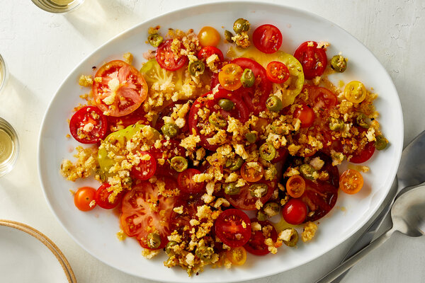 Juicy Tomatoes With Parmesan-Olive Bread Crumbs