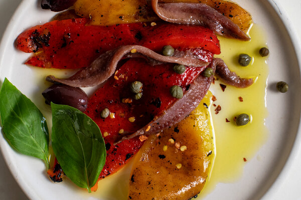 Roasted Peppers With Capers, Olives and Anchovy