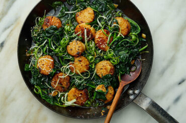 Soy-Butter Basted Scallops With Wilted Greens and Sesame
