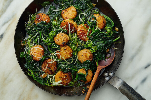 Soy-Butter Basted Scallops With Wilted Greens and Sesame