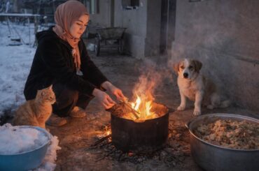 Cozy Winter Cooking Outside | Snow & Fire Sounds