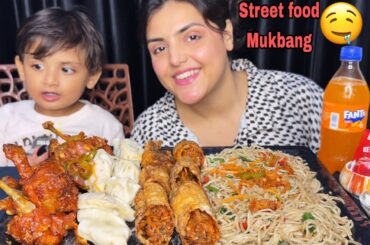 Indian Street food Mukbang: Chicken Lollipop, Chicken Dumplings 🥟, Spring Roll, Veg Hakka Noodles