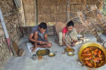 Shrimp Fry Curry Recipe With Vegetable ।  Cooking And Eating By Rural Mother And Son
