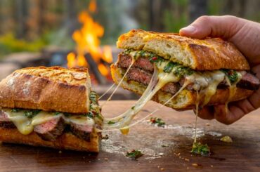 Steak Sandwich with Chimichurri and Melted Cheese (Bushcraft Cooking)