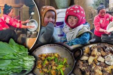 Green Mustard (RAYO) & Pork Recipe with rice Cooking & eating in Village Kitchen || pork rice eating