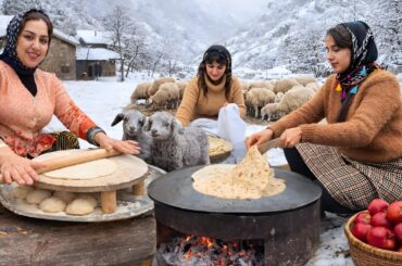 Cooking on a Snowy Day in the Village ❄️ Traditional Lunch, Saj Bread & Clay Oven Cake🥩🥧