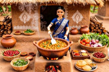 Miniature Doll Puri Chutney & Chana Cooking ASMR 🫓🥣 | Indian Village Tiny Kitchen Story