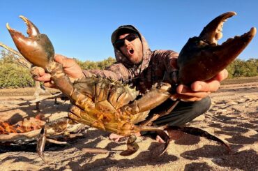 GIANT CRAB - Catch and Cook - BOW n ARROW. Cooking on a camp fire