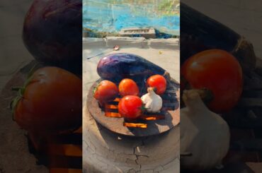 Roasted Eggplant and Tomato Bhorta #shortvideo #recipe #cooking #brinjalfry #villagefood