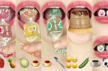 asmr EMOJI FOOD 🍓🍍🍈🍮🍮🥄😝😬😜😖🫛☕️🐼 이모지 먹방 eating sounds