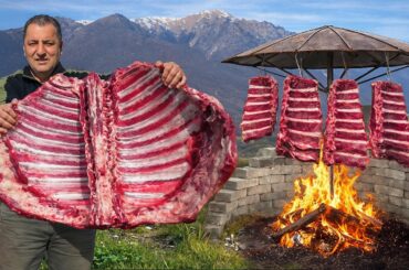 Roasting Massive Asado-Style Beef Ribs in the Wilderness