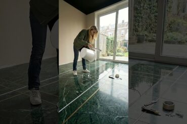 Timelapse Epoxy LED Floor: Dark Green Stone + Brass Inlay (Luxury Dining Room)