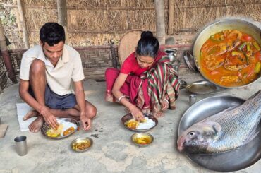 KATLA FISH Curry With JHINGE Cooking And Eating With Rice, By Rural Mother And Son