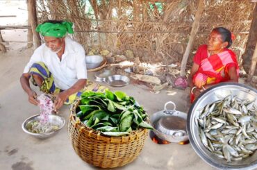 ALOO SHAK VAJI & MIXED SMALL FISH CURRY cooking and eating by santali tribe old couple