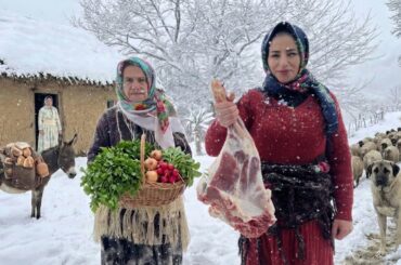 A Snowy Day in the Village | Cooking Ghormeh Sabzi with Lamb Leg & Herbs