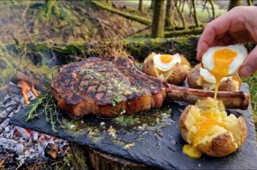 Garlic BUTTER Tomahawk STEAK & Liquid Gold Ash Potatoes | ASMR Forest Cooking