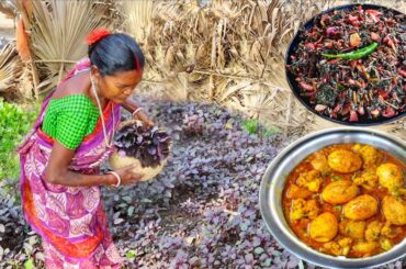 FARM FRESH LAL SHAK VAJI and EGG CAULIFLOWER CURRY recipe cooking for lunch by santali grandmaa