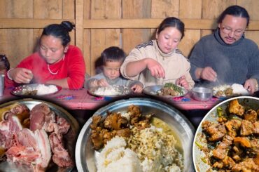 Pork Recipe with Rice || Village style pork item cooking & eating in Village kitchen || Village vlog