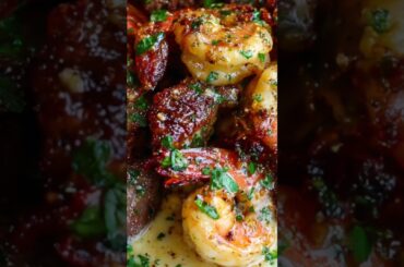 Garlic Butter Steak & Shrimp w/ Creamy Parmesan #cooking #recipe #shorts #shortsfeeds