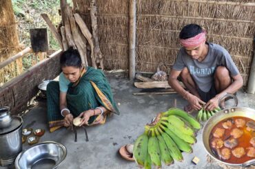 Raw Banana Bora Curry Cooking In Traditional Method By Our Village Mother And Son