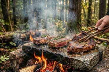 3 MASSIVE Steaks on a HOT STONE! Bushcraft Forest Cooking