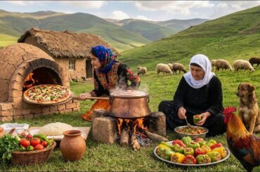 Iran Rural Village Life | Cooking Loobia Polo, Biber Dolma & Giant Pizza