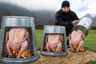 Giant Turkey Roasted Under Buckets In Open Fire!